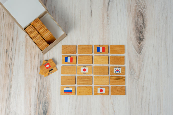 Wooden Memory Matching Game, Flags and Capitals of the World