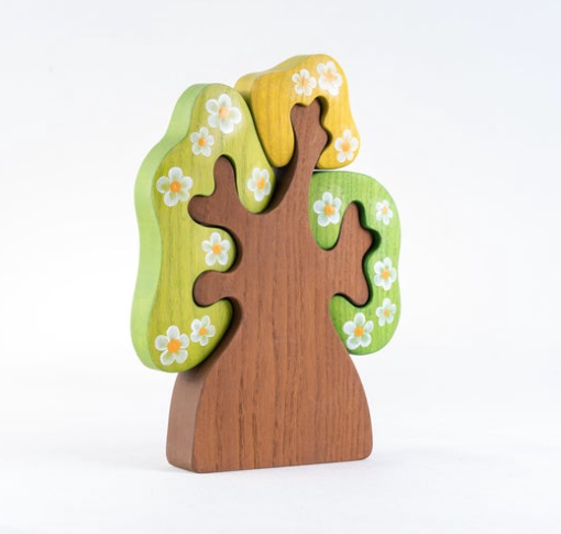 Wooden Spring Tree with three crowns puzzle, large flowers