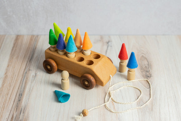Wooden Toy Car with ten Pegs in Multi-Colored Hats