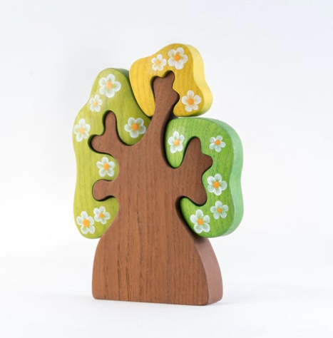 Wooden Spring Tree with three crowns puzzle, large flowers